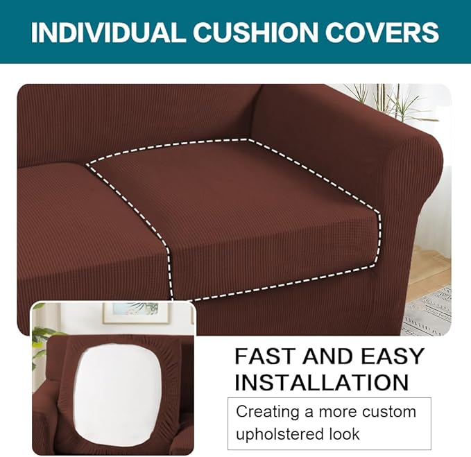 Turquoize 3 Piece Sofa Covers for 2 Cushion Couch Sofa Slipcover Soft Couch Cover for Dogs-Washable Sofa Furniture Cover with 2 Individual Cushion Covers, Feature Fabric (2 Cushion Sofa, Burnt Brick)