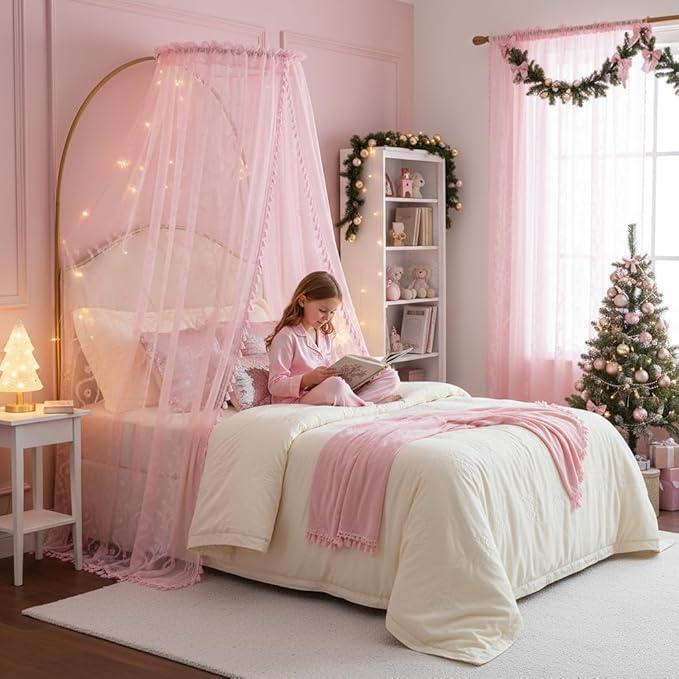 WAZZIO Boho Lace Curtains 84 Inch 2 Panels -Sheer Panel Drape Floral Pattern & Tassel Light Filtering Privacy for Bedroom Dining Living Room,Princess Pink Girl Bedroom Decor,Pale Pink,W52 x 84L