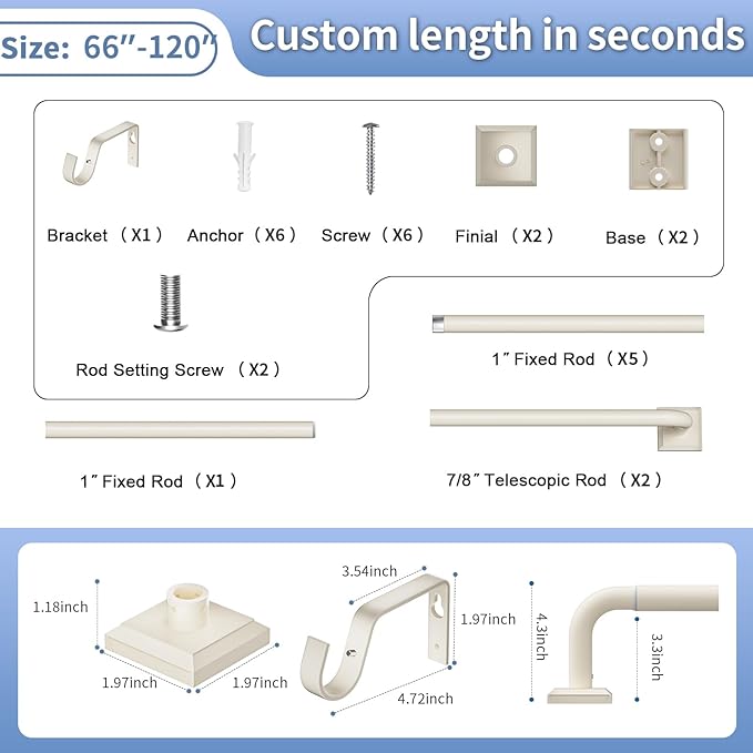 Beige White Curtain Rods for Windows 66-120Inch(5.5-10ft) Heavy Duty French Return Rod, Wrap Around Blackout Curtain Rods, Long Adjustable Room Darkening Drapery Rod for Bedroom, Living Room Outdoor