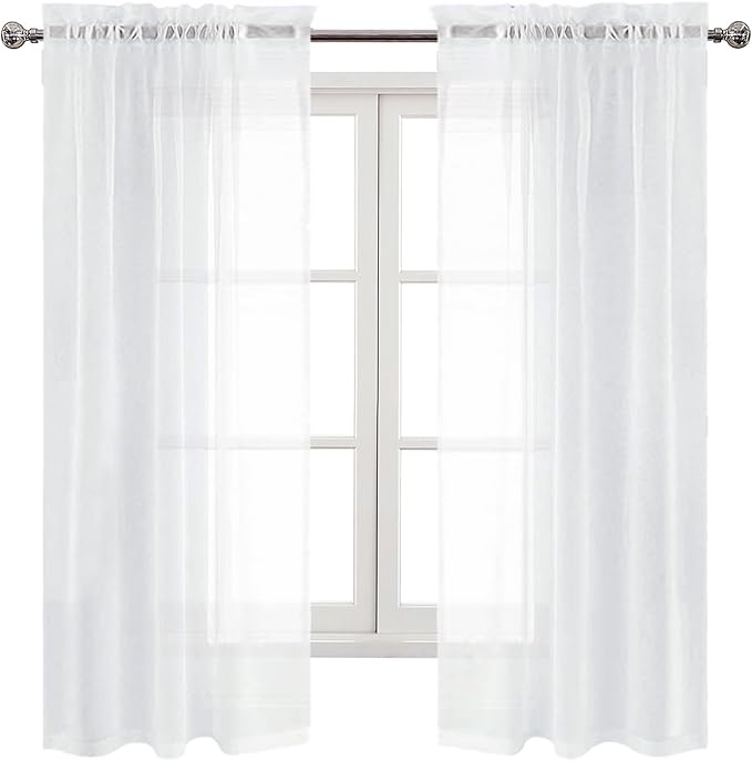DWCN White Sheer Curtains 63 inch Length 2 Panels Set, Elegant Solid Color Kitchen Curtain for Small Window, Voile Top Dual Rod Pocket Curtains & Drapes for Living Room/Bedroom, 2pcs, Each W42 x L63
