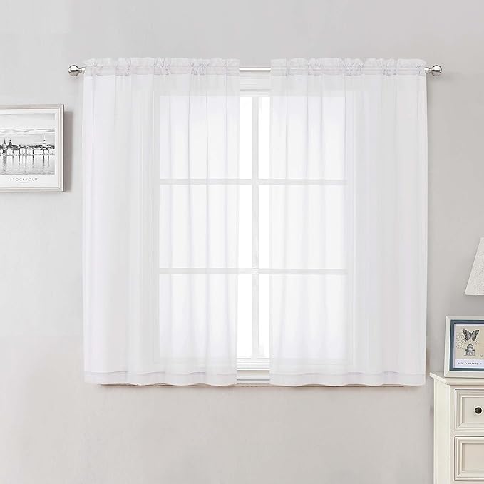 Lecloud White Sheer Curtains 50 Inch Length 2 Pcs, Light Filtering Voile Bathroom Curtains for Bedroom Basement Living Room, Farmhouse Window Treatments Rod Pockets Drapes, Each Panel 42" W x 50" L