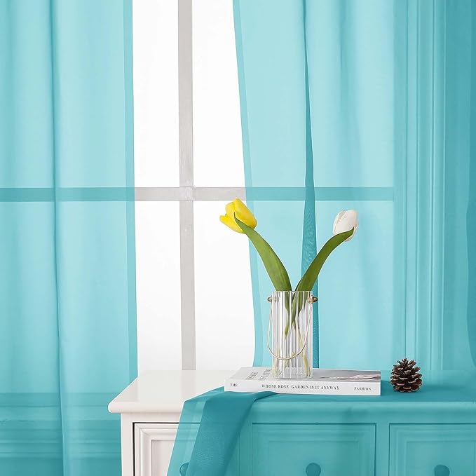 Lecloud Aqua Sheer Curtains for Living Room 96 Inches Long 2 Pcs, Dual Rod Pockets Light Filtering Airy Home Decor Window Curtains for Bedroom, Solid Color Voile Drapes, Each Panel 42" W x 96" L