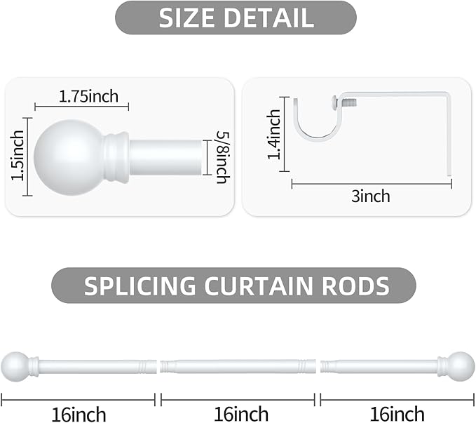 Thestoa Curtain Rods for Windows 66-120 Inch, 5/8" White Curtain Rods, Stainless Steel Small Curtain Rod for Bedroom, Living Room,Kitchen,Farmhouse, Outdoor Curtain rod White