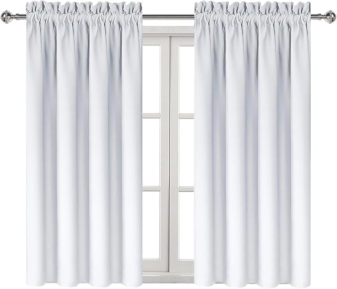 DWCN Blackout Curtains Thermal Insulated Energy Saving Bedroom and Kitchen Curtains Window Treatments, W 38 x L 45 Inch, Set of 2 Greyish White Rod Pocket Drapes