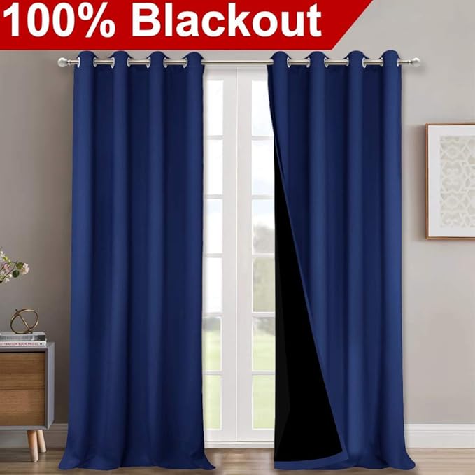 NICETOWN 100% Blackout Curtains for Windows, Pack of 2, Royal Blue, 52" W x 120" L, Super Heavy-Duty Black Lined Total Darkness Drapes for Bedroom, Privacy Assured Window Treatment for Patio
