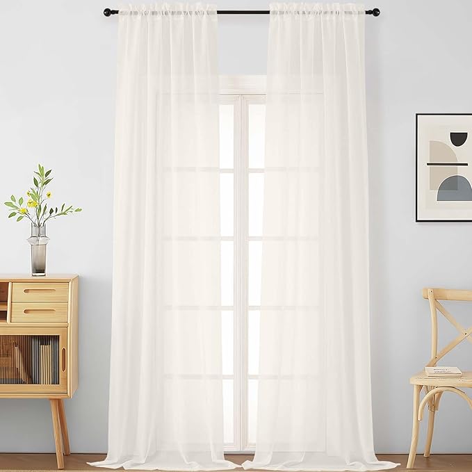 Ivory Sheer Curtains 120 Inches Long 2 Panels, Extra Long Light Filtering Modern Window Curtains for Sliding Glass Door, Rod Pocket Voile Drapes for Living Room Bedroom, 2x42Wx120L Inches