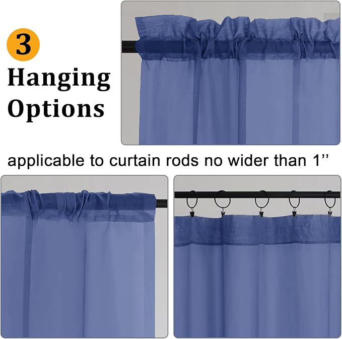 Gwine Royal Blue Valances for Windows, Small Light Filtering Rod Pocket Cafe Valance Curtains, Soft Sheer Curtain for Bathroom Laundry Basement, 42Wx14L inch, 2 Pieces