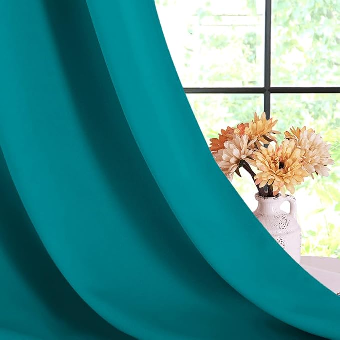 NICETOWN Thermal Insulated Peacock Teal Curtains for Living Room, Window Treatment Solid Grommet Room Darkening Drape Panels for Bedroom (Set of 2, 70 by 95 inches Long)