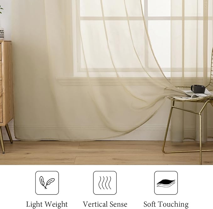 MIULEE 2 Panels Solid Color Sheer Window Curtains Elegant Window Voile Panels/Drapes/Treatment for Bedroom Living Room (54X72 Inches Beige)