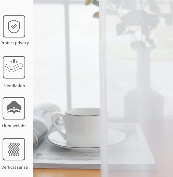 youleyar Solid Sheer Rod Pocket Curtain Voile Draperies 2 Panels White Beige Black Grey Coffee 52 Inch Width 90 Inch Long 1 Pair for Kitchen Bedroom Children Living Room Yard(White,52Wｘ90L)
