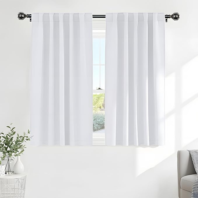 PONY DANCE White 50% Lighting Blocking Curtains for Kitchen, Short Non-See-Through Thermal Insulated Room Darkening Back Tab Small Drapes for Nursery Bedroom Window, W42 x L45, Pure White, 2 Panels