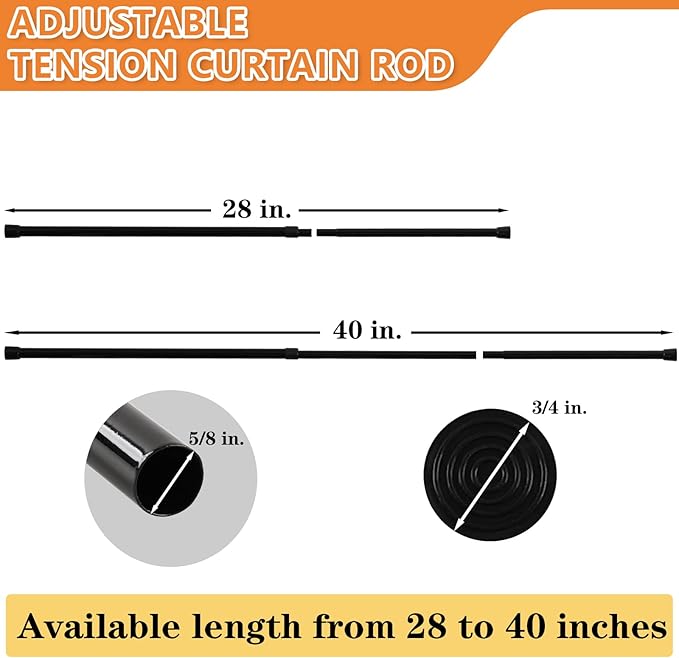KXLife 4 Pcs Spring Tension Curtain Rod Adjustable 28 to 40 Inches, 5/8" Diameter, Black, Expandable Spring Loaded Tension Rods For Window No Drilling