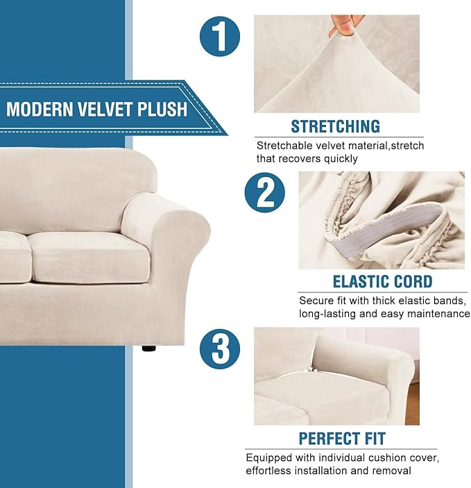 H.VERSAILTEX Modern Velvet Plush 4 Piece High Stretch Sofa Slipcover Furniture Protector Form Fit Velvet Extra Large Sofa Cover for 3 Cushion Couch Width Up to 105 Inch (XL Sofa, Cream)