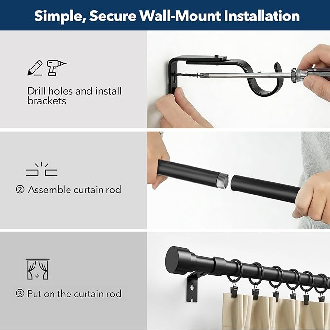 IFELS Heavy Duty Curtain Rods for Windows 48 to 84 Inch, 1 Inch Adjustable Black Curtain Rod with Easy Installation and Modern Design (A1,Black,30-90")