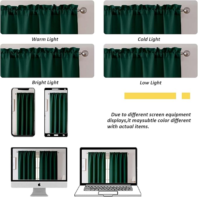 Chyhomenyc Hunter Green Valance for Windows, Light Filtering Faux Linen Textured Small Short Valance for Kitchen Bathroom Laundry Basement, Solid Rod Pocket Top Window Curtain, 60Wx14L inch, 1 Piece