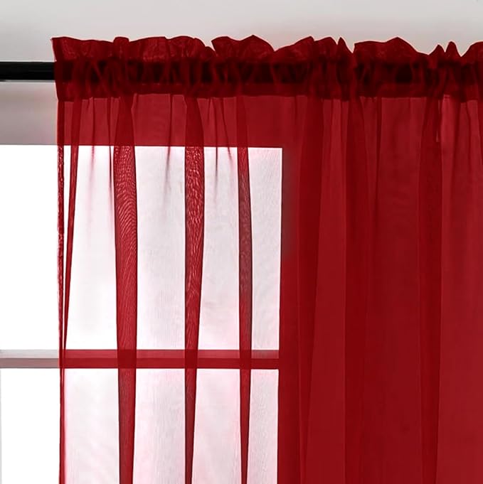 SpaceDresser Christmas Red Sheer Curtains 4 Panels Rod Pocket Semi-Sheer Curtain 108 Inches Long Light Filtering Voile Window Drapes for Bedroom Living Room Kitchen, Each 52W x 108L