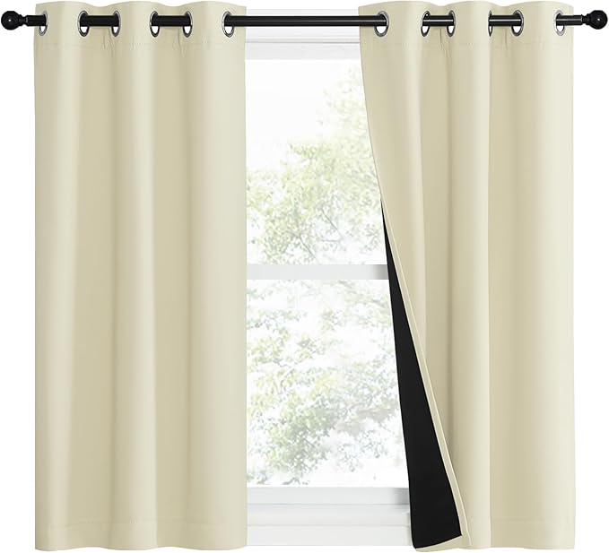 NICETOWN Living Room Completely Shaded Draperies, Privacy Protection & Noise Reducing Ring Top Drapes, Black Lined Insulated Window Treatment Curtain Panels (Beige, 2 Pieces, W37 x L40)