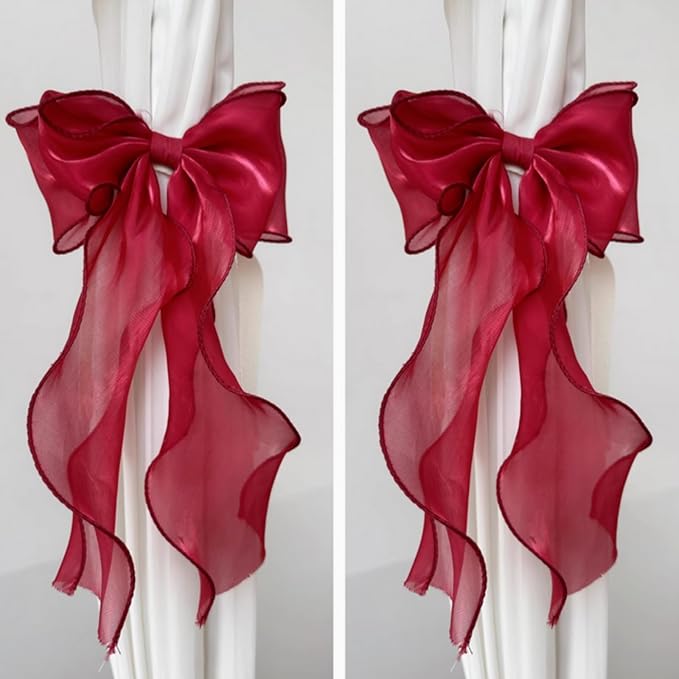 2 Pack French Silky Bow Curtain Tiebacks, Elegant Lace Ribbon for Curtains Decorative Rope Accessories Home Décor (White,2)
