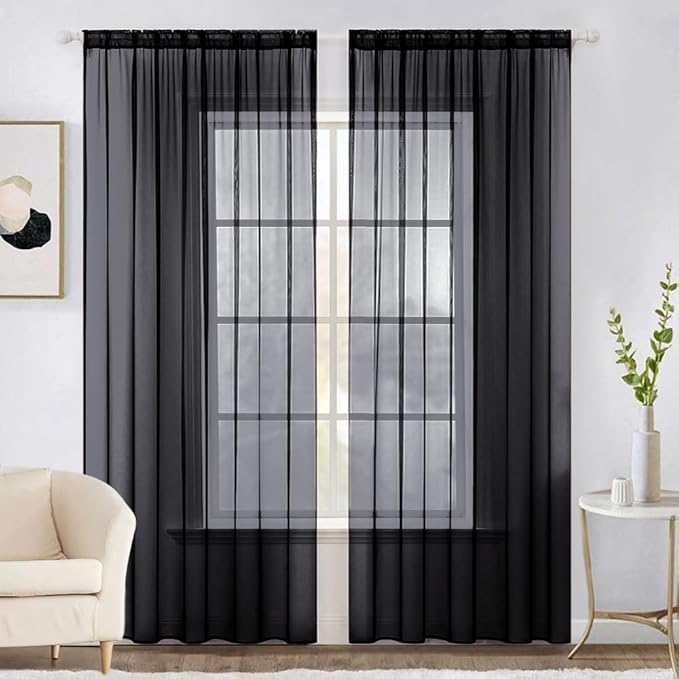 MIULEE 2 Panels Solid Color Sheer Window Curtains Elegant Halloween Window Voile Panels/Drapes/Treatment for Bedroom Living Room (54X90 Inches Black)
