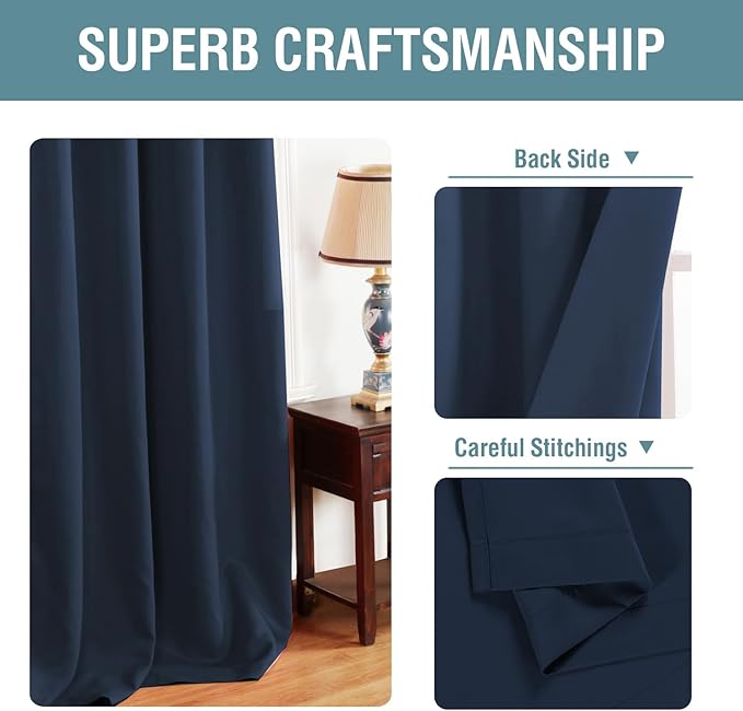H.VERSAILTEX Ultra Soft Premier Blackout Curtain for Living Room Extra Long, Thermal Insulated Bedroom Curtains Grommet Top, Noise Reducing Patio Door Curtain - Navy Blue, One Panel, 52'W x 96'L