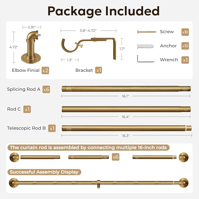 Zeerobee Curtain Rods for Windows 66 to 120, 1 Inch Industrial Wrap Around Warm Gold Curtain Rod, Indoor/Outdoor Room Divider Adjustable Drapery Pole, 66"-120"