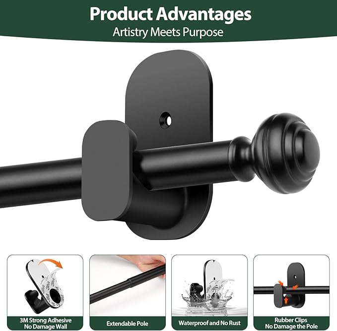 KAMANINA Curtain Rods No Drilling for Windows 16 to 30 Inches, 5/8 Inch Adjustable Small Curtain Rod with 3M Adhesive Brackets without Drilling, Black