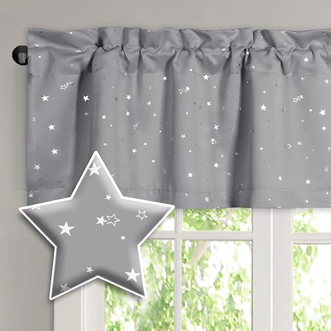 H.VERSAILTEX Blackout Curtain Valances for Kitchen Window/Living Room/Bathroom Privacy Added Rod Pocket Home Decoration Winow Valance, 52" W x 18" L, Glitter Stars in Gray Base