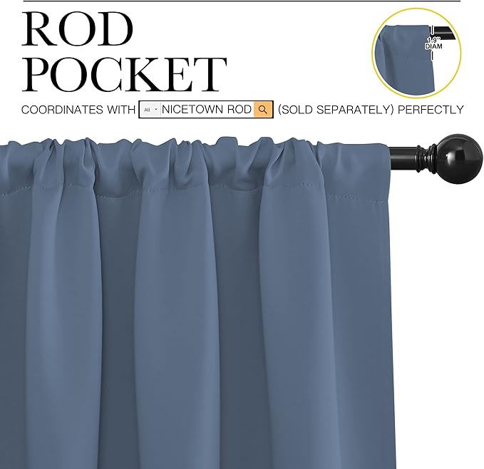 NICETOWN Blackout Curtains for Living Curtains, Home Decoration Solid Thermal Insulated Draperies & Drapes, Blackout Window Curtains for Kitchen (Stone Blue, 2 Panels, 34 in x 72 in (W x L))