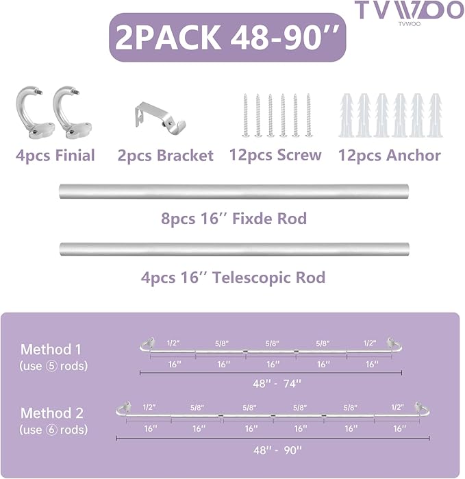 TVWOO Silver Wrap Around Curtain Rods 2Pack:Small Blackout Adjustable Window Curtain Rod for Bedroom Kitchen Apartment Renter Friendly,Room Darkening Curved Drapery Rods Easy Install,Nickel 48-90 Inch