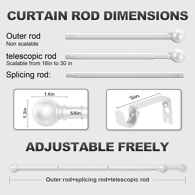 White Curtain Rods for Bedroom with Brackets,5/8 Inch Diameter Small Window Curtain Rod Adjustable 32 to 60 Inches,Easy Install Drapery Rods