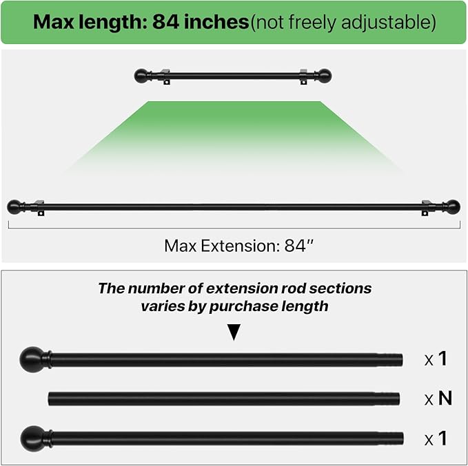 Black Curtain Rods for Windows 48 to 84, Adjustable Curtain Rod Set with Brackets Easy Install, Decorative Slender 5/8 Diameter Drapery Rod, Heavy Duty Drape Pole for Bedroom, Living Room