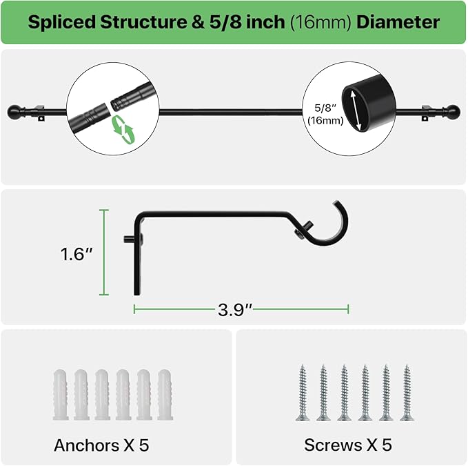 Black Curtain Rods for Windows 28 to 60 inch, Adjustable Curtain Rod Set with Brackets Easy Install, Decorative Slender 5/8 Diameter Drapery Rod, Heavy Duty Drape Pole for Living Room, Bedroom
