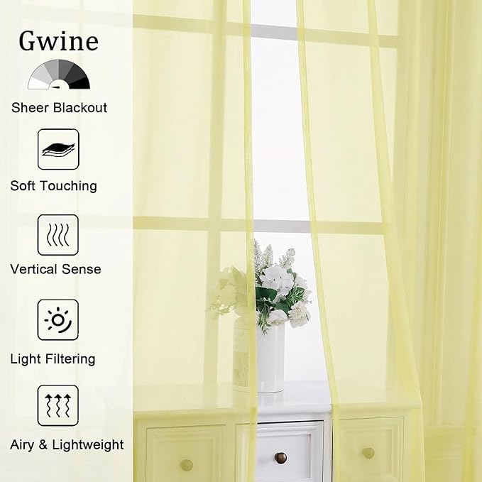 Gwine Light Yellow Sheer Curtains 63 Inch Length for Living Room 2 Panels, Light Filtering Rod Pocket Window Curtain Treatment for Bedroom, Voile Elegant Sheer Drapes，Each 42Wx63L