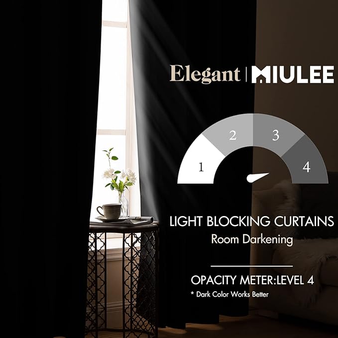 MIULEE Blackout Curtains Room Darkening Thermal Insulated Drapes Solid Window Treatment Set Grommet Top Light Blocking Curtain for Living Room/Bedroom 2 Panels 52 x 84 inch Black