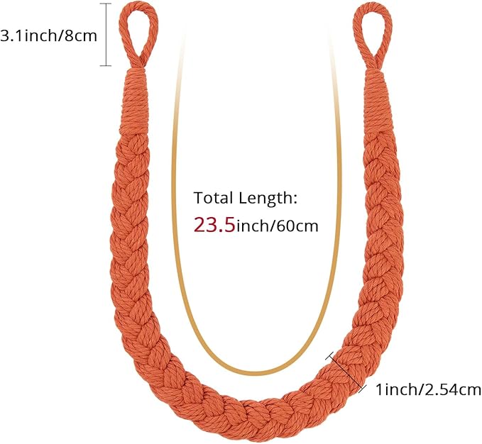 NICEEC 4 Pack Natural Cotton Rope Curtain Tiebacks Elegant Boho Style Decorative Drape Tie Backs Soft Hand-Woven Rope Curtain Holdbacks with Metal Hook for Home & Office Drapery (Orange)