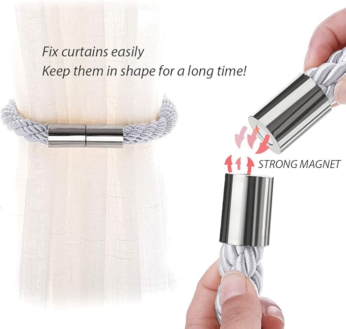 NICEEC 4 Pack Strong Magnetic Curtain Tiebacks Modern Simple Style Drape Tie Backs Convenient Decorative Weave Rope Curtain Holdbacks for Thin or Thick Home & Office Window Draperies (Light Grey)