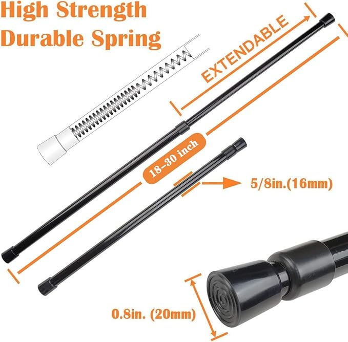 KXLife 4 Pack 5/8" Spring Tension Curtain Rod, Adjustable Tension Rods Black 18 to 30 Inch, RV Tension Bars, Tension Rod for Closet