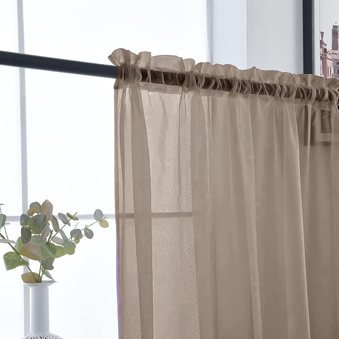 SpaceDresser Basic Rod Pocket Sheer Voile Window Curtain Panels Taupe 1 Pair 2 Panels 52 Width 96 Inch Long for Kitchen Bedroom Children Living Room Yard（Taupe, 52W x 96L）