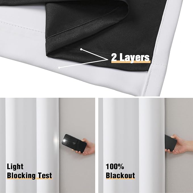 ChrisDowa White 100% Blackout Curtains 108 inch Long for Bedroom with Black Liner, 2 Thick Layers Total Blackout Thermal Insulated Grommet Window Curtains 2 Panels Set (Pure White, 52 x 108 Inch)