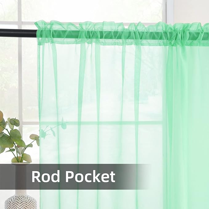 youleyar Solid Sheer Rod Pocket Curtain Voile Draperies 2 Panels White Beige Black Grey Coffee 52 Inch Width 90 Inch Long 1 Pair for Kitchen Bedroom Children Living Room Yard (Light Green,52Wｘ90L)