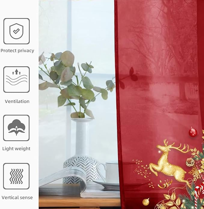 Youleyar Solid Sheer Rod Pocket Curtain Voile Draperies 4 Panels White Beige Black Grey Ivory 52 Inch Width 108 Inch Long 1 Pair for Kitchen Bedroom Children Living Room Yard(Christmas Red,52 Wｘ108 L)
