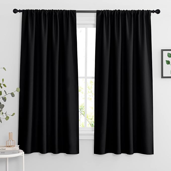 RYB HOME Blackout Curtains for Bedroom Living Room 63 inches Long, Thermal Insulated Privacy Rod Pocket Drapes for Nursery Office Home Theater, Width 42 by Length 63, Black, 2 Panels