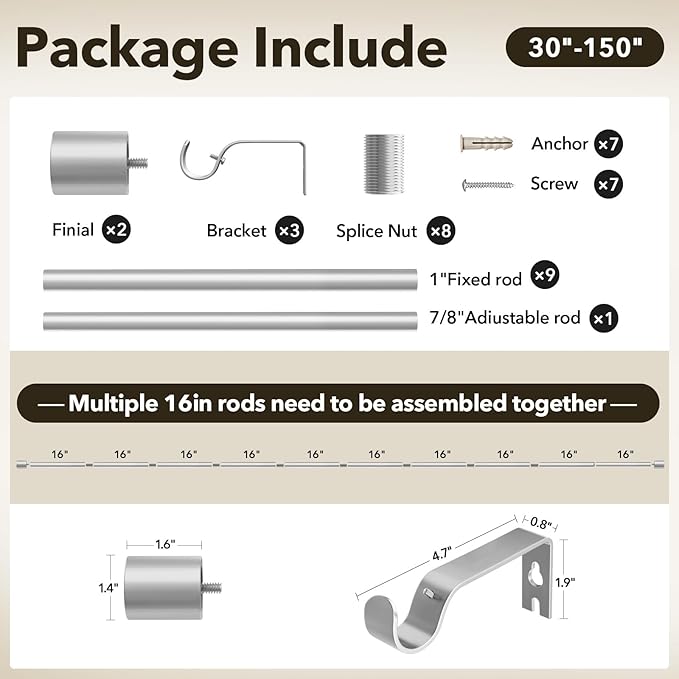 IFELS Heavy Duty Curtain Rods for Windows 72 to 144 Inch, 1 Inch Silver Curtain Rods for Outdoor, Farmhouse, Bedroom, Kitchen, Living Room, Adjustable Easy Install Drapery Rod (A2,Silver,30"-150")