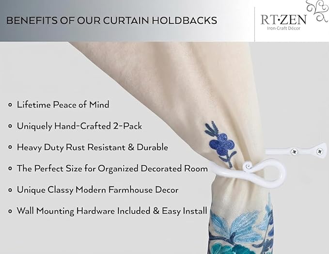 RTZEN Decorative Metal Curtain Tiebacks - Farmhouse Wrought Iron Curtain Holdbacks - Drapery Holders for Wall - Unique Metal Tie Backs for Curtains - 2 Pcs (White Loophole)