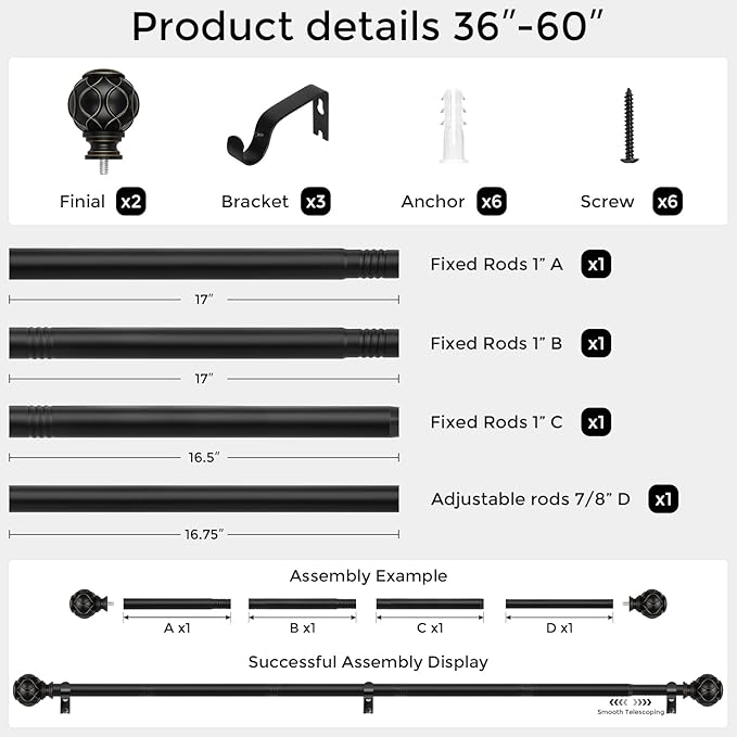 Black Curtain Rod, Heavy Duty 1 Inch Decorative Curtain Rods for Windows 30 to 56 Inch, Single-Side Adjustable Vintage Rustic Matte Black Drapery Pole Set with Boho Netted Texture Finials