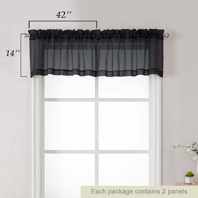 Black Valances for Windows, Black Sheer Curtains 14 Inch Length 2 Pack Kitchen Drapes, Modern Solid Mini Small Window Curtains for Cafe Bathroom Basement, Each 42" Wx14 L Inches