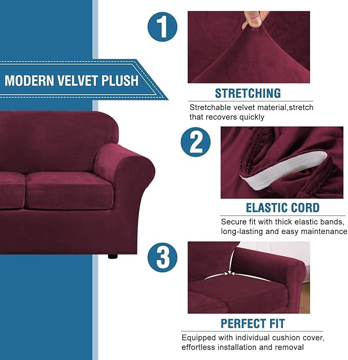H.VERSAILTEX Real Velvet Plush 3 Piece Stretch Sofa Covers Couch Covers for 2 Cushion Couch Loveseat Covers Width Up to 72 Inch Feature Thick Soft Stay in Place (Medium Sofa, Burgundy)