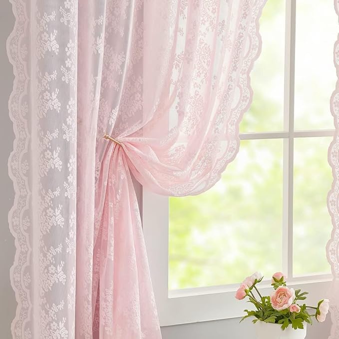 YJ YANJUN Vintage Lace Curtains Pink Boho Floral 80 Inch Curtains for Girls Room Princess Closet Curtain for Open Closet Pink Sheer Sliding Closet Door Drapes 2 Panels Set Light Pink 52W x 80L