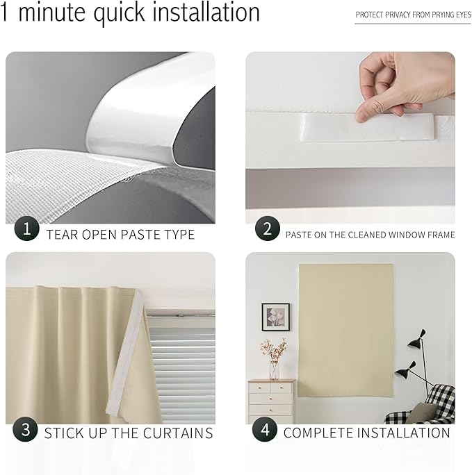 Self Adhesive Portable Blackout Curtains for Bedroom Easy to Install Window Thermal Lnsulated Kitchen Room Darkening Small Window Curtains, 47" W X 96" L, Beige, 1 Panel