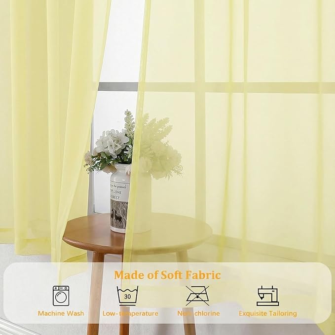 Gwine Light Yellow Sheer Curtains 63 Inch Length for Living Room 2 Panels, Light Filtering Rod Pocket Window Curtain Treatment for Bedroom, Voile Elegant Sheer Drapes，Each 42Wx63L